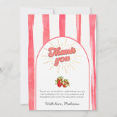 ピンク金ゴールドベリー1st誕生日フォトレッドストロベリー サンキューカード (裏面)