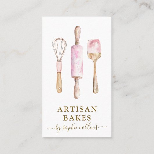 ピンク金ゴールドベーカー水彩ベーカリーパティシシェフ 名刺 (正面)