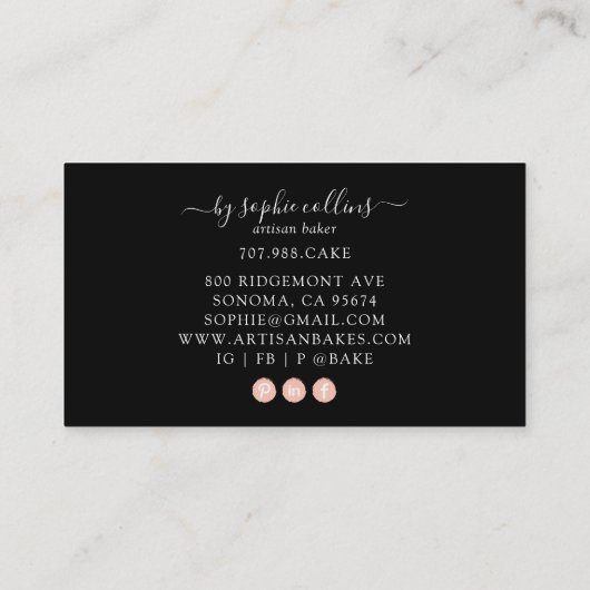 ピンク金ゴールドベーカー水彩ベーカー菓子シェフブラック 名刺 (裏面)