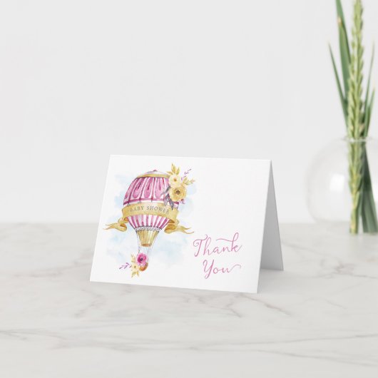 ピンク金ゴールドホットエアバルーン赤ちゃんシャワーありがとう サンキューカード (正面)