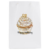 ピンク金ゴールドホワイトクリームハートカップケーキ誕生日 ミディアムペーパーバッグ (正面)