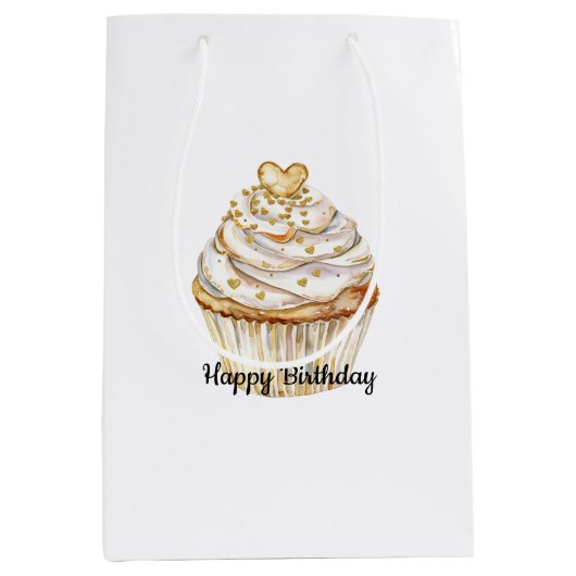 ピンク金ゴールドホワイトクリームハートカップケーキ誕生日 ミディアムペーパーバッグ (正面)