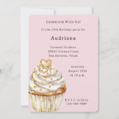 ピンク金ゴールドホワイトクリームハートカップケーキ誕生日 招待状 (正面)