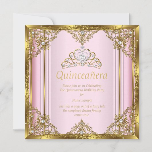 ピンク金ゴールドホワイトパールプリンセスキンセアニェラ3 招待状 (正面)