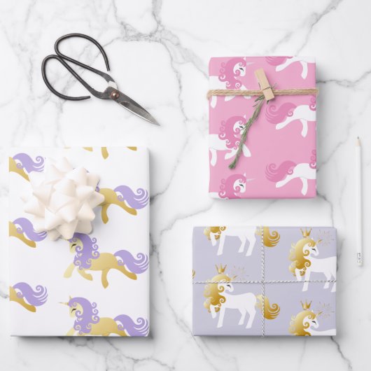 ピンク金ゴールドホワイトラベンダーパープルユニコーン ラッピングペーパーシート (正面)