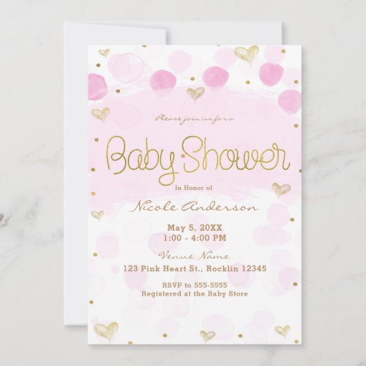 ピンク金ゴールドホワイト水玉模様&ハートベビーシャワー 招待状 (正面)