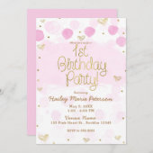 ピンク金ゴールドホワイト水玉模様&ハート1st誕生日 招待状 (正面/裏面)