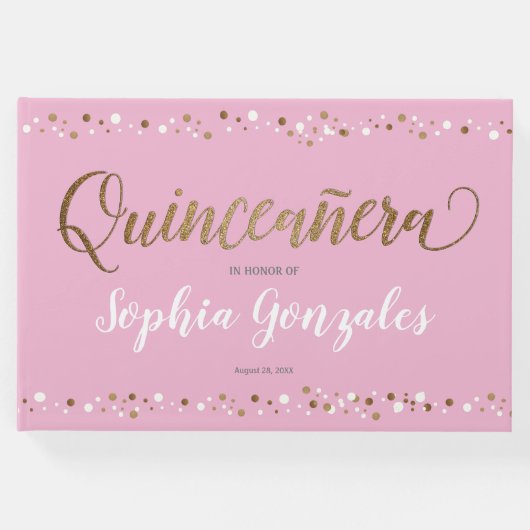 ピンク金ゴールドホワイト紙吹雪キンセアニェラ15誕生日 ゲストブック (正面)