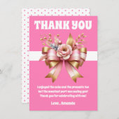 ピンク金ゴールドボウファースト誕生日サンキューカード サンキューカード (正面/裏面)