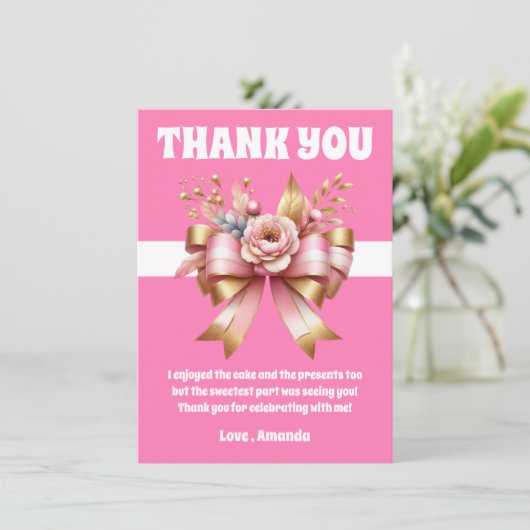 ピンク金ゴールドボウファースト誕生日サンキューカード サンキューカード (スタンド正面)