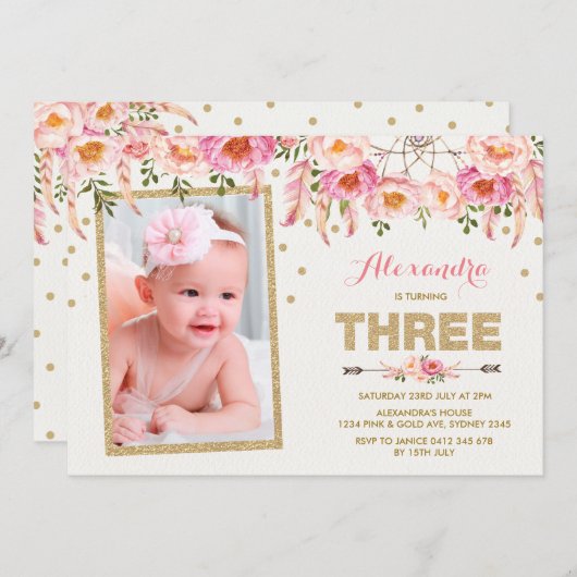 ピンク金ゴールドボヘミアンフローラ3rd誕生日招待状 招待状 (正面/裏面)