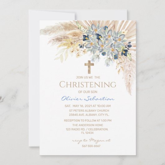 ピンク金ゴールドボホガールバプテスマ《キリスト教》洗礼式や命名式招待状 招待状 (正面)