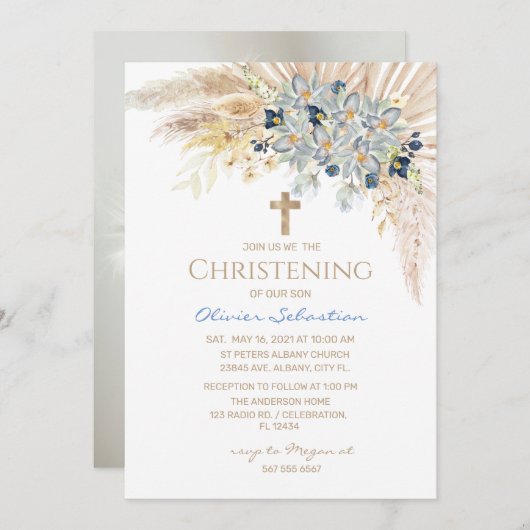 ピンク金ゴールドボホガールバプテスマ《キリスト教》洗礼式や命名式招待状 招待状 (正面/裏面)