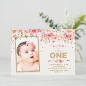 ピンク金ゴールドボホフローラ第1誕生日招待状 招待状 (スタンド正面)