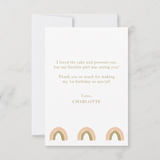ピンク金ゴールドボホレインボーファースト誕生日写真 サンキューカード (裏面)