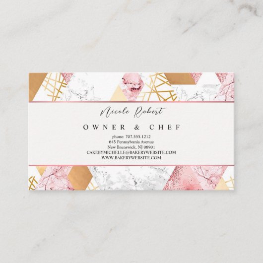 ピンク金ゴールドマーブルパティスリーパティシシェフベーカリー 名刺 (正面)