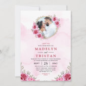 ピンク金ゴールドミニマルフローラ結婚式招待状 招待状 (正面)