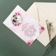 ピンク金ゴールドミニマルフローラ結婚式招待状