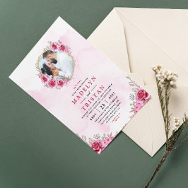 ピンク金ゴールドミニマルフローラ結婚式招待状 招待状