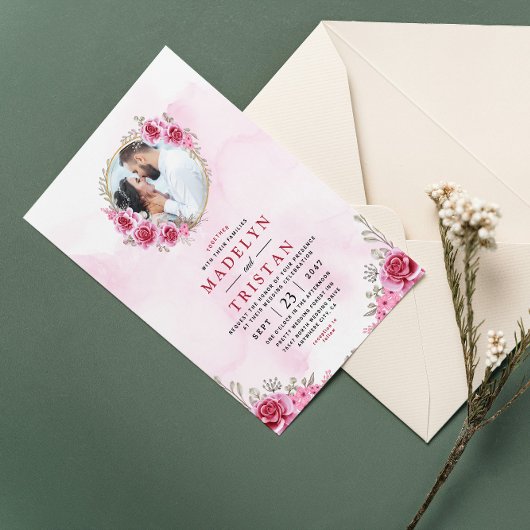 ピンク金ゴールドミニマルフローラ結婚式招待状 招待状