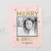 ピンク金ゴールドメリー&ブライトホリデードゥードルフォト シーズンポストカード (正面/裏面)