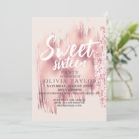 ピンク金ゴールドモダングリッタースウィート16ガール 招待状 (スタンド正面)