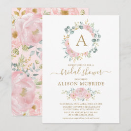 ピンク金ゴールドモノグラムウォーターカラーフラワーブライダルシャワー 招待状