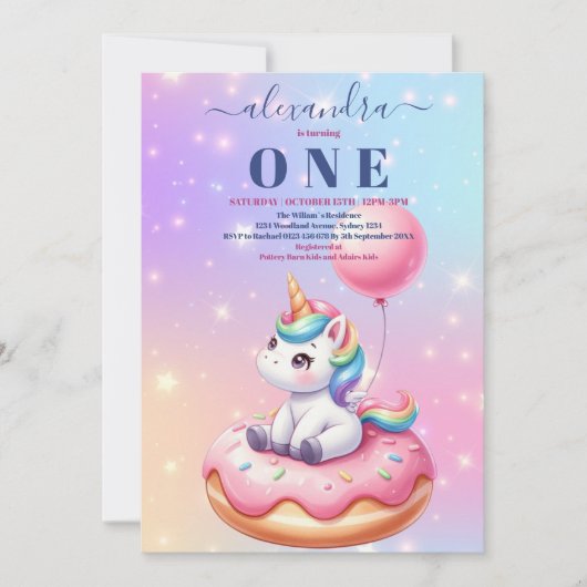 ピンク金ゴールドユニコーンウォーターカラーガールバースデーパーティー 招待状 (正面)
