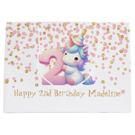 ピンク金ゴールドユニコーングリッター第2女子誕生日 ラージペーパーバッグ