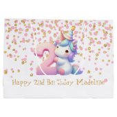 ピンク金ゴールドユニコーングリッター第2女子誕生日 ラージペーパーバッグ (裏面)