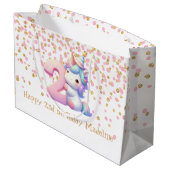 ピンク金ゴールドユニコーングリッター第2女子誕生日 ラージペーパーバッグ (裏面アングル)