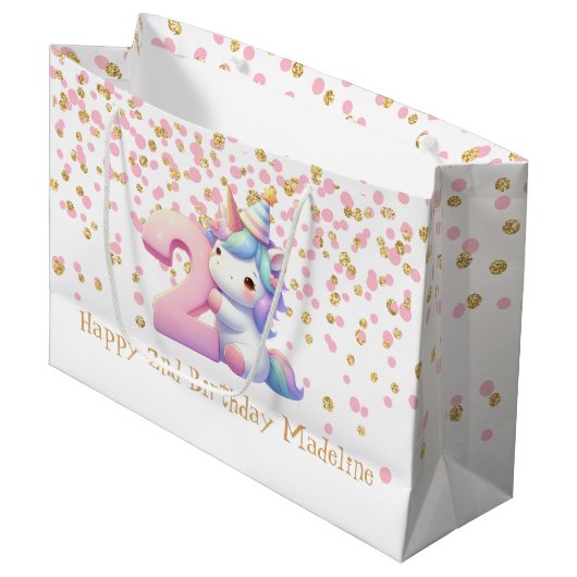 ピンク金ゴールドユニコーングリッター第2女子誕生日 ラージペーパーバッグ (正面アングル)