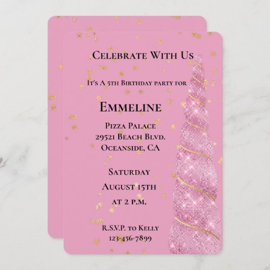 ピンク金ゴールドユニコーンスターズ誕生日 招待状 (正面/裏面)