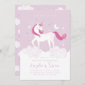 ピンク金ゴールドユニコーンバースデーパーティー招待状ガール 招待状 (正面/裏面)