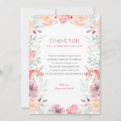 ピンク金ゴールドユニコーンフローラ水色ベビーシャワー サンキューカード (正面)