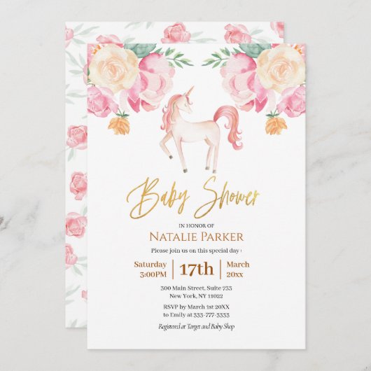 ピンク金ゴールドユニコーンフローラ水色ベビーシャワー 招待状 (正面/裏面)