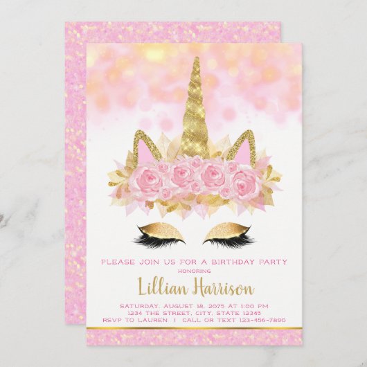 ピンク金ゴールドユニコーン誕生日パーティー 招待状 (正面/裏面)