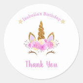 ピンク金ゴールドユニコーン誕生日 ラウンドシール (正面)