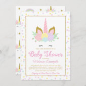 ピンク金ゴールドユニコーン顔ガールベビーシャワー招待状 招待状 (正面/裏面)