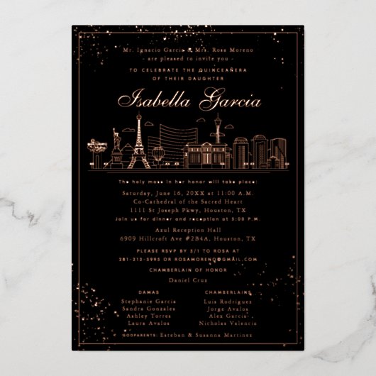 ピンク金ゴールドラスベガスクインセアネラ誕生日インベイティション 箔招待状 (正面)