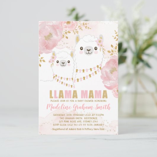 ピンク金ゴールドラマガールベビーシャワー赤面フローラ 招待状 (スタンド正面)