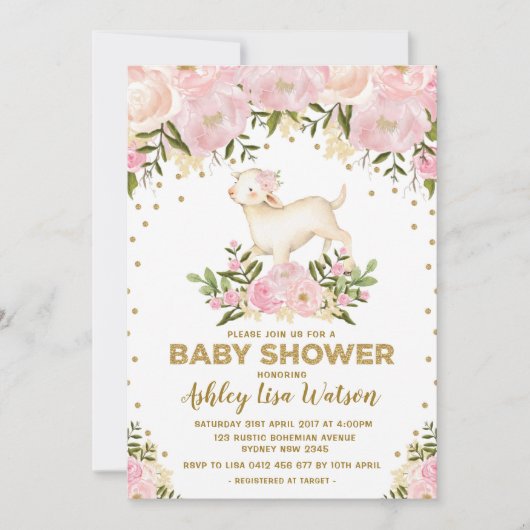 ピンク金ゴールドラムベビーシャワー赤面フローラ招待状 招待状 (正面)