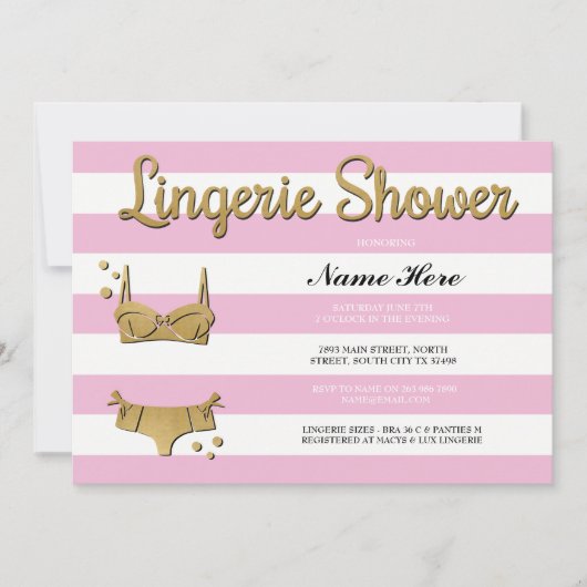 ピンク金ゴールドランジェリーシャワーストライプ招待状 招待状 (正面)