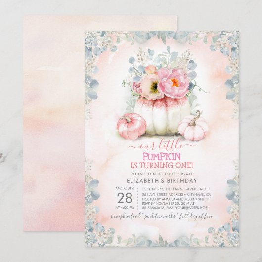 ピンク金ゴールドリトルカボチャかわいい秋誕生日パーティー 招待状 (正面/裏面)