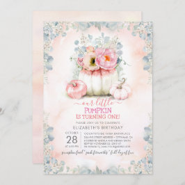 ピンク金ゴールドリトルカボチャかわいい秋誕生日パーティー 招待状