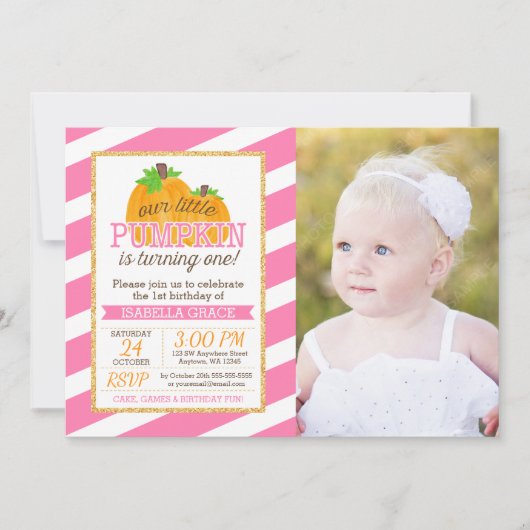ピンク金ゴールドリトルカボチャガールファースト誕生日写真 招待状 (正面)