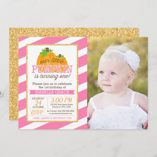 ピンク金ゴールドリトルカボチャガールファースト誕生日写真 招待状 (正面/裏面)