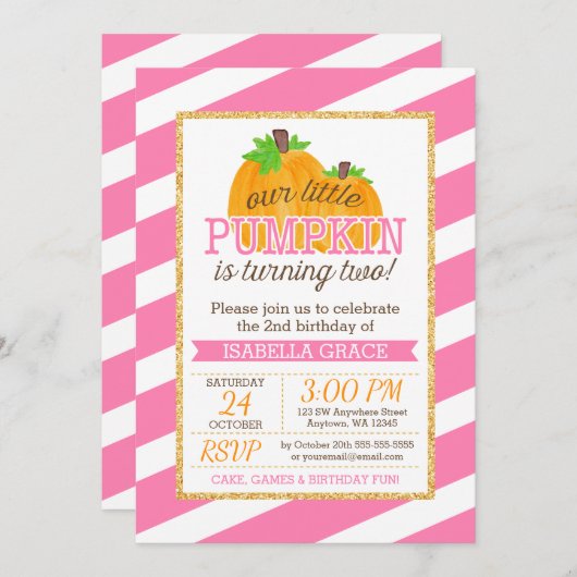 ピンク金ゴールドリトルカボチャ女の子2nd誕生日 招待状 (正面/裏面)