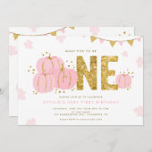 ピンク金ゴールドリトルカボチャ第1誕生日ガール 招待状 (正面/裏面)