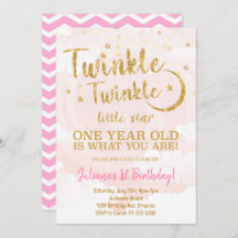 ピンク金ゴールドリトルスター1st誕生日招待状
